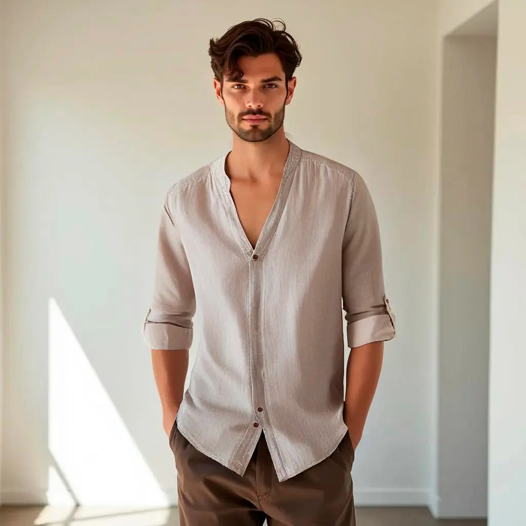 Camisa de lino Manga Larga Beige cuello en V - Image 4