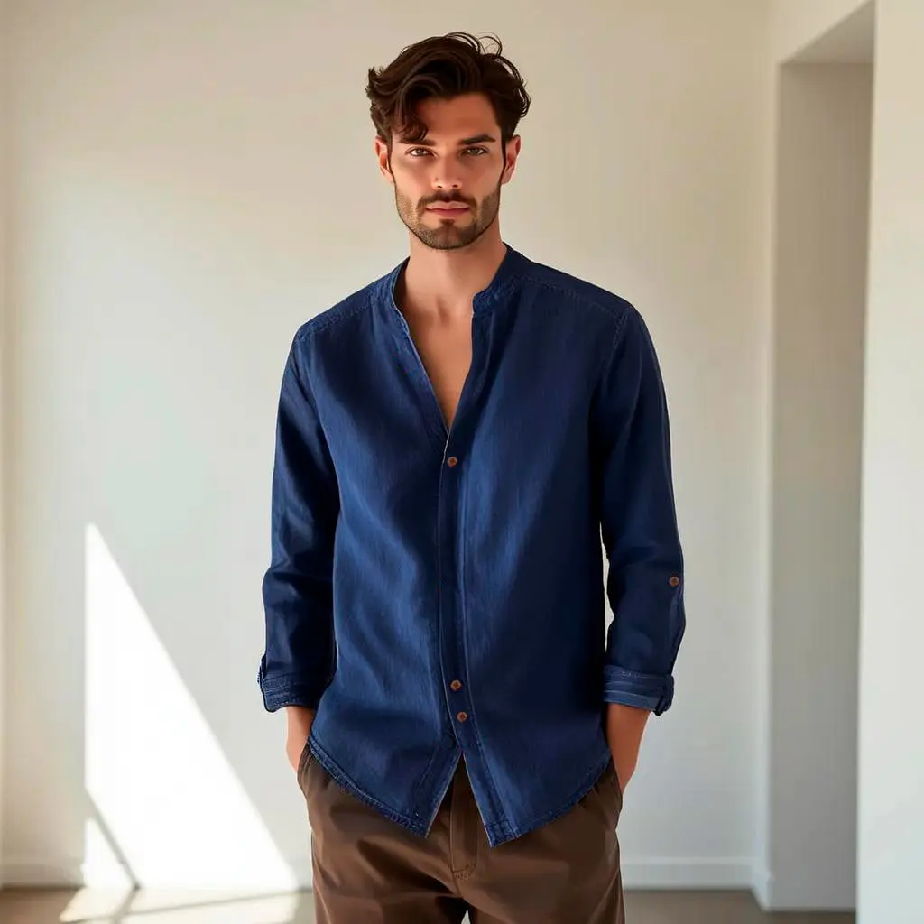 Camisa de lino Manga Larga Beige cuello en V - Image 5