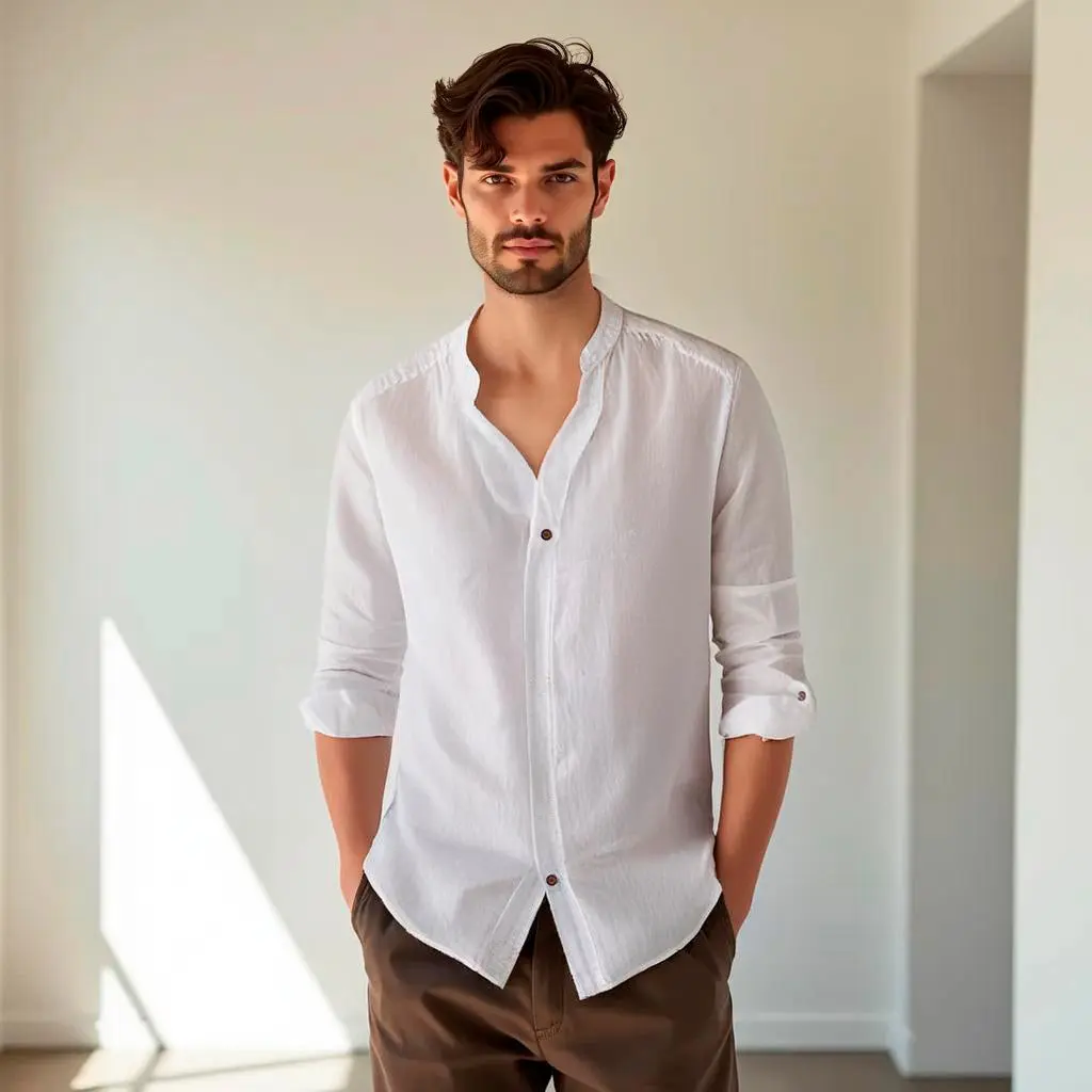 Camisa de lino Manga Larga Beige cuello en V - Image 6