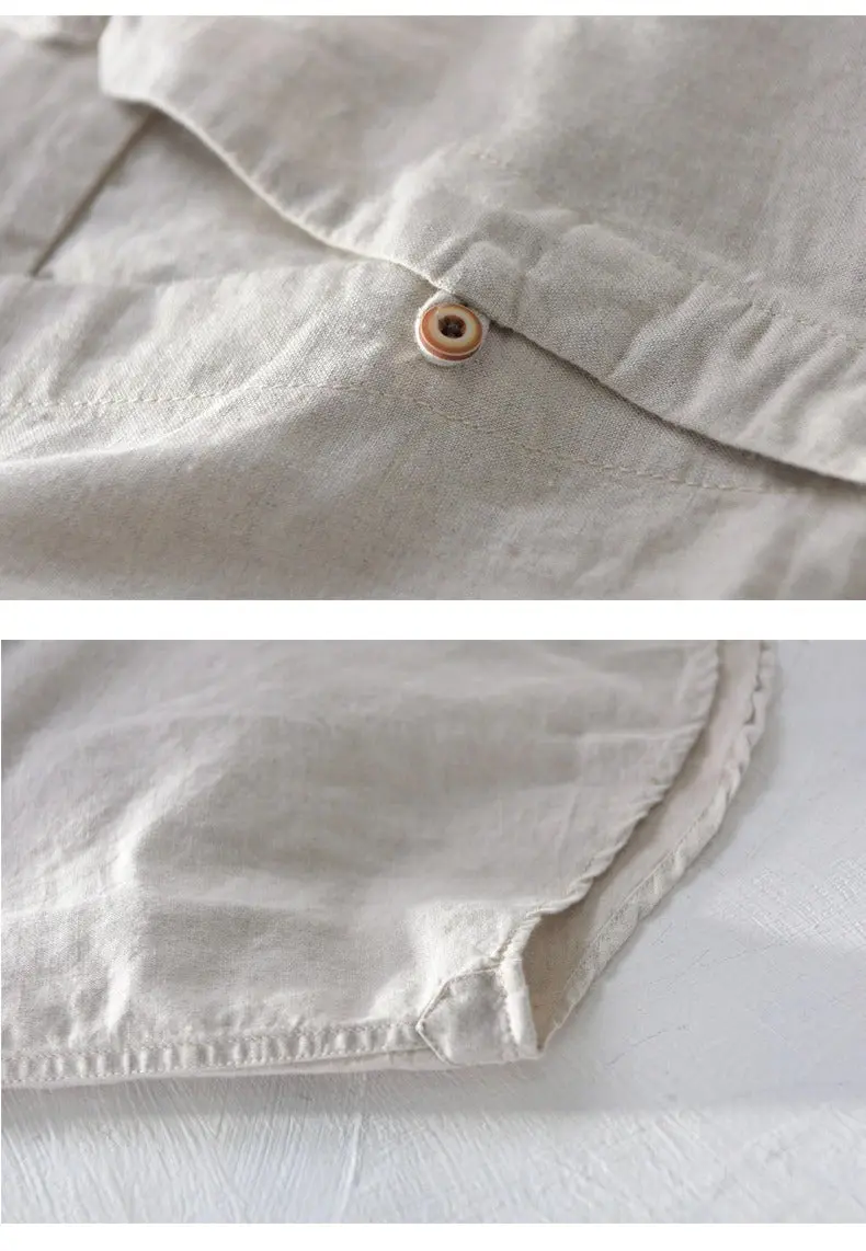 Camisa de lino Manga Larga Beige cuello en V - Image 8